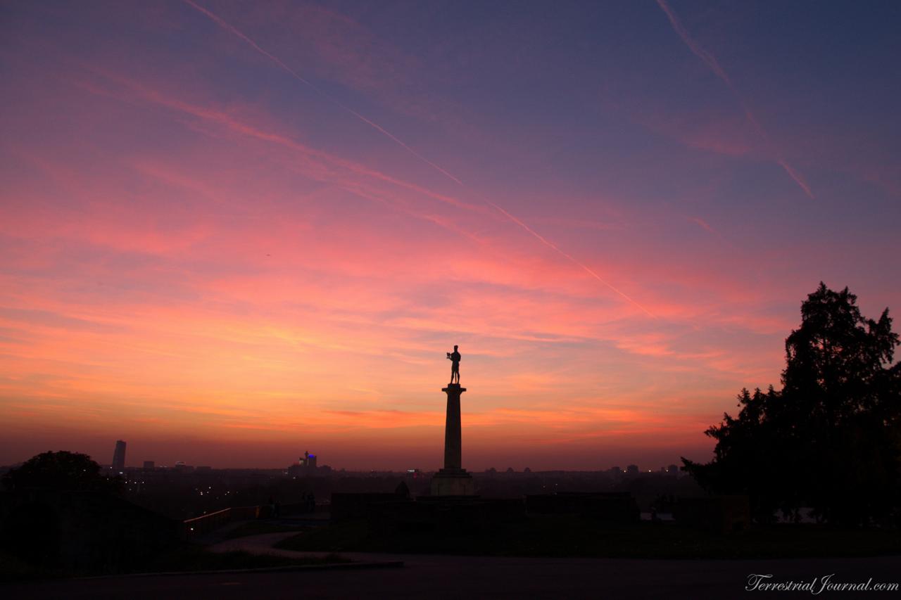 Sunset over Belgrade and the Victor (Pobednik) monument