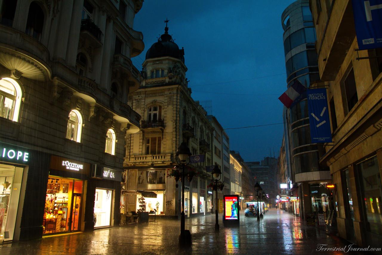 Heavy rain is the only way to photograph Kneza Mihaila street in the evening without crowds