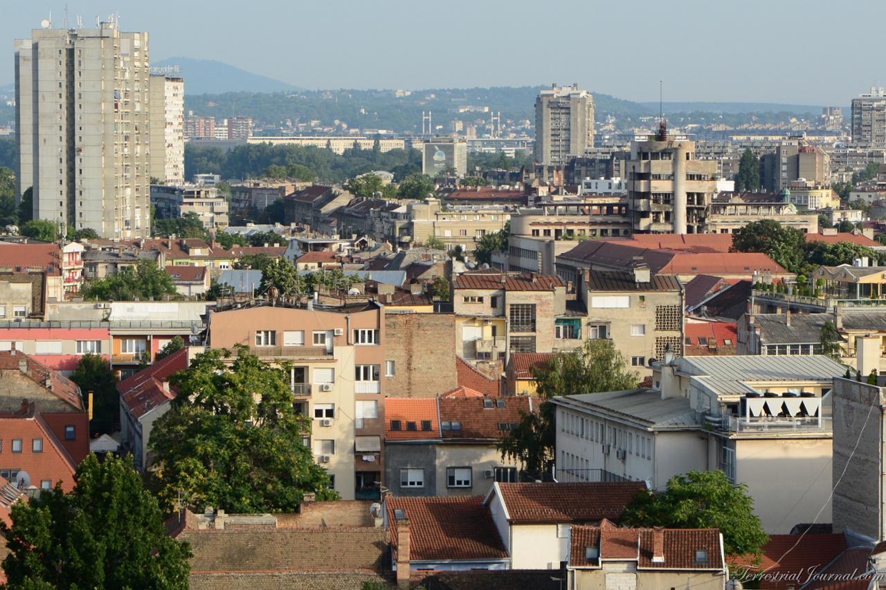 Communist era housing and the Air Force Command building damaged during the NATO bombing of 1999