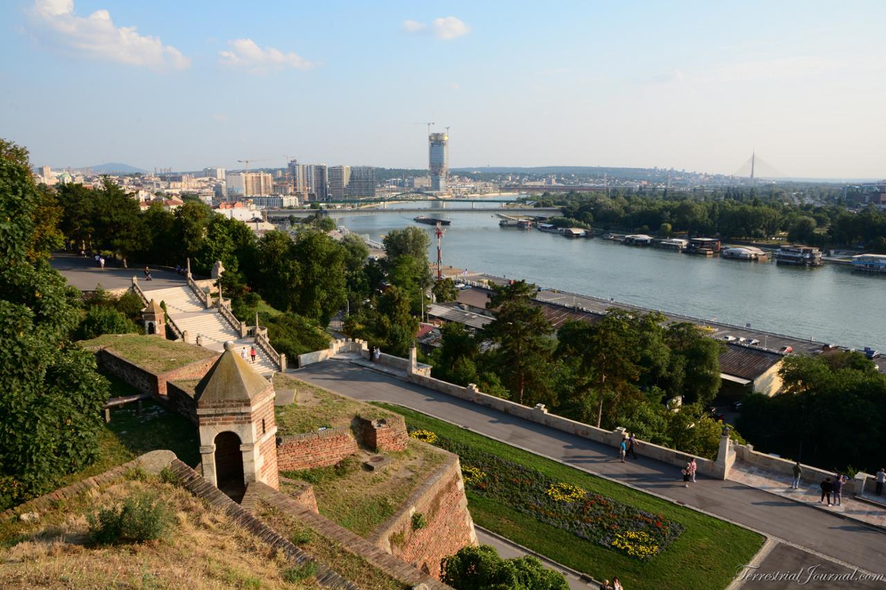 Marble Stairway, the terrace, the Sava river and the newly constructed Belgrade Waterfront