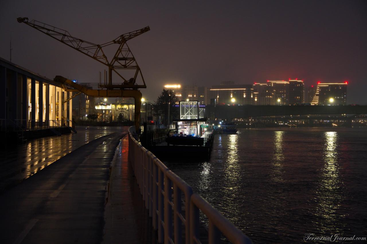 Sava river embankment on a misty February evening