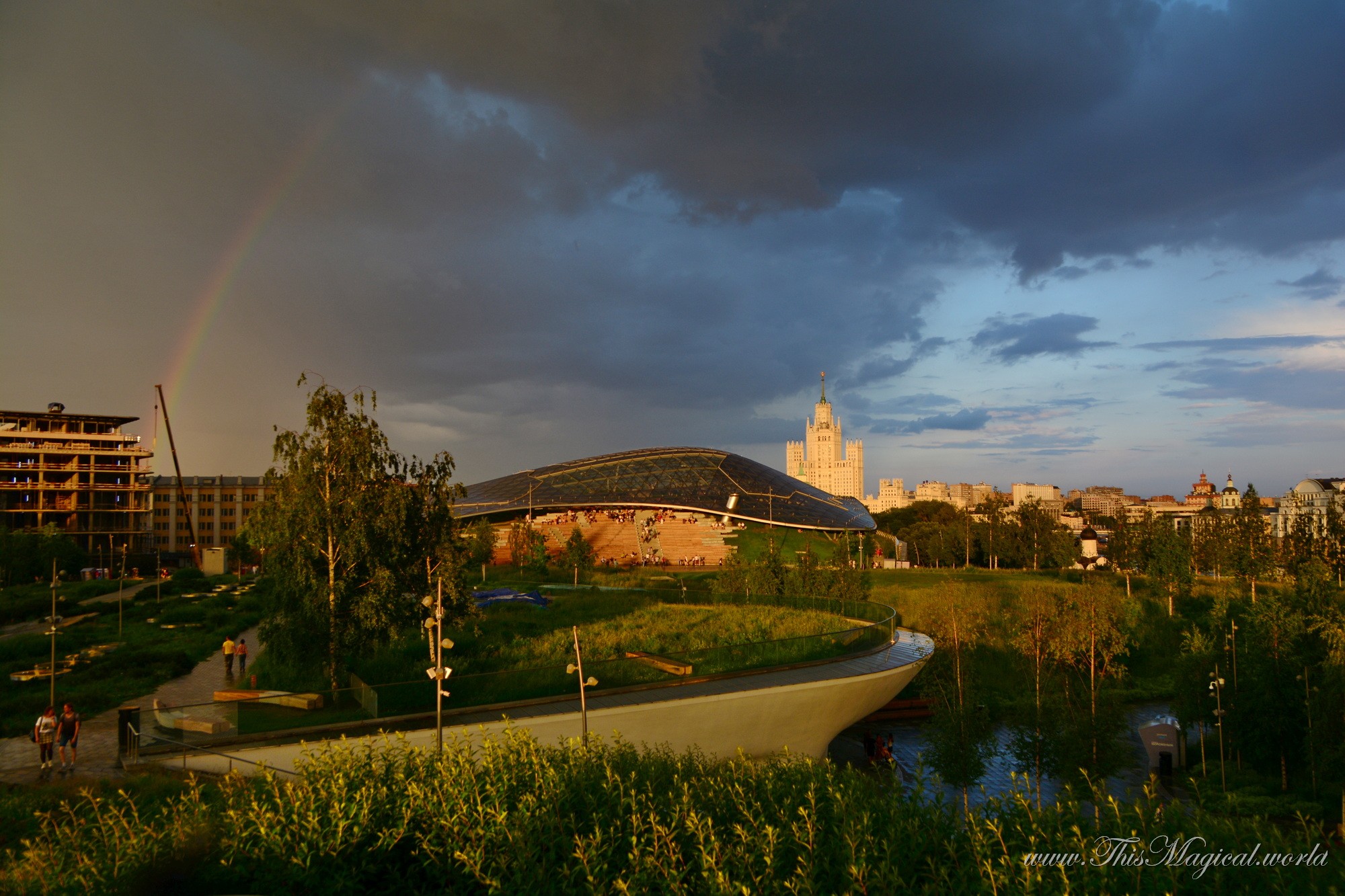 Storm and rainbow over Moscow's Zaryadye park