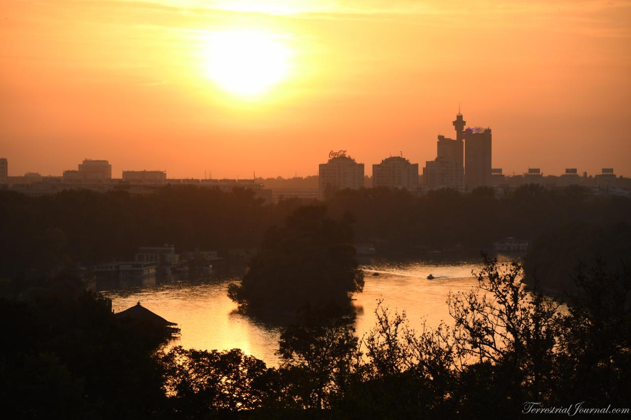 Sunset over the Danube river and Novi Beograd (New Belgrade)